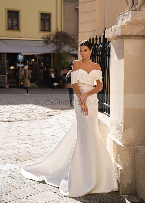 Off Shoulder Ivory Satin Minimalist Wedding Dress